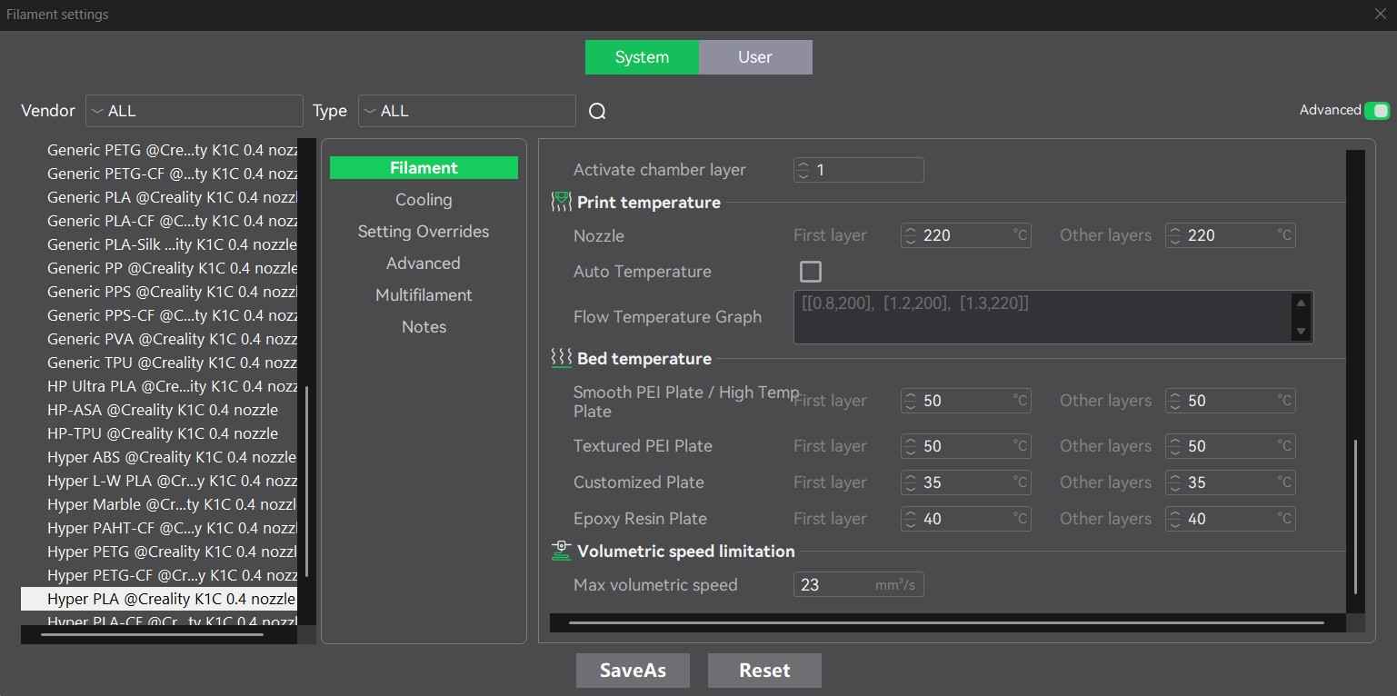 Creality Hyper PLA Temperature Parameters
